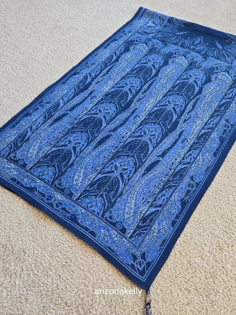NWOT Blue Silk Oblong Scarf With Beads on Each Corner - Picture 14 of 16